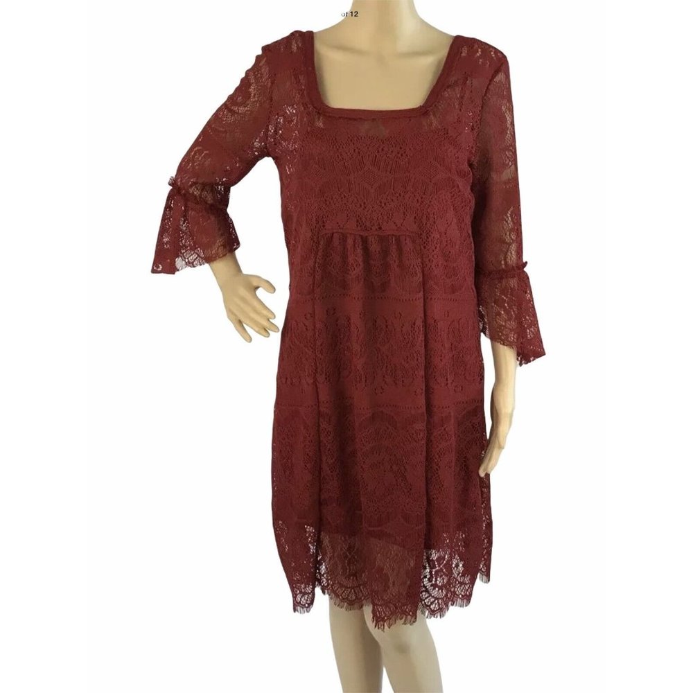 Queens Love Shift Dress M Red Lace Witchy Boho Peasant 3/4 Bell Sleeve Slip NWT